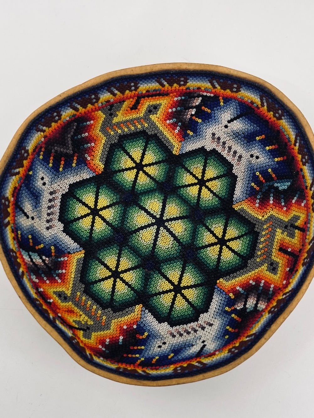 Huichol Beaded Gourd Bowl — Hand Beaded — Sacred Deer & Flower of Life — Mexican
